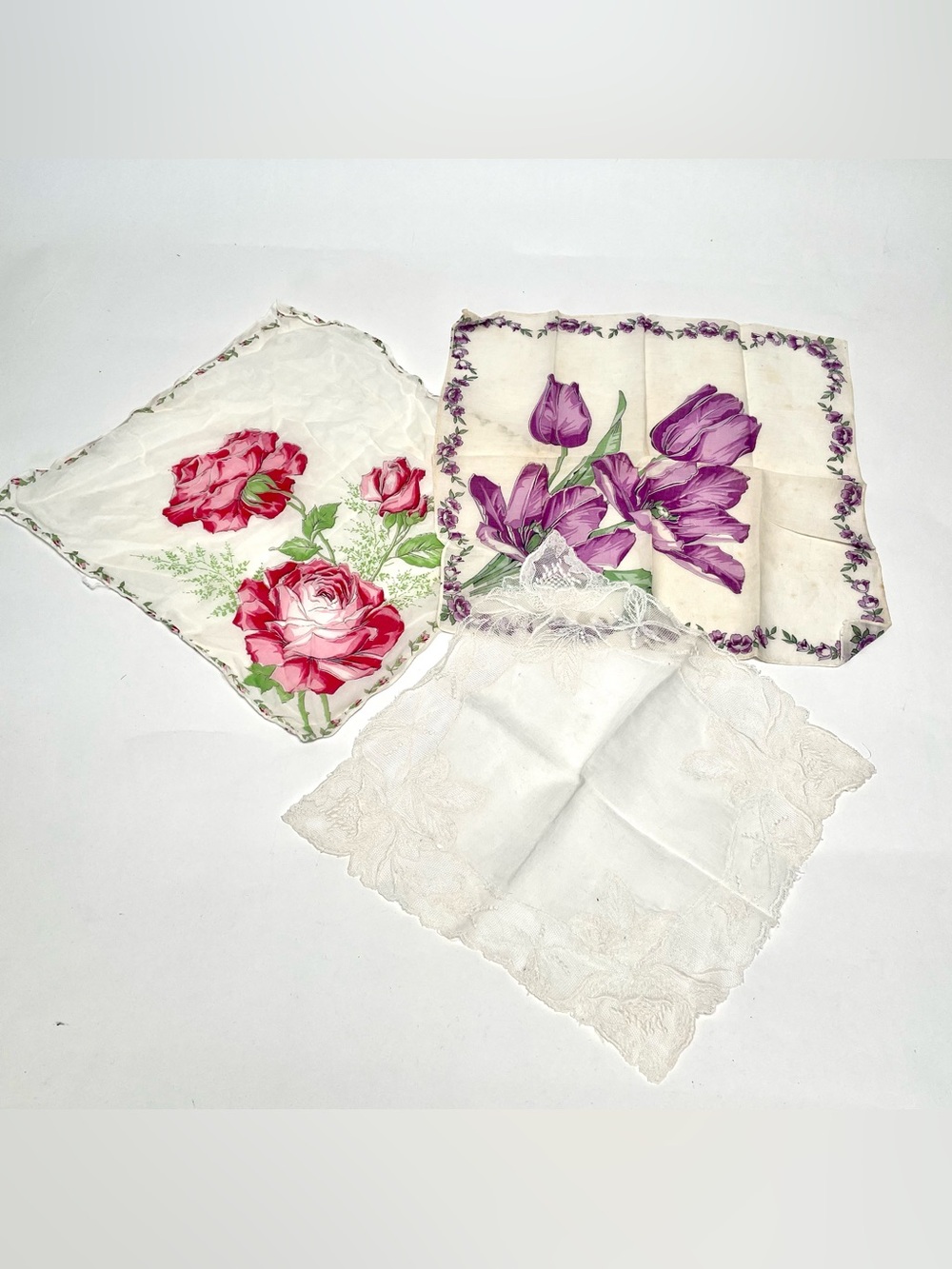 Lot of 10 Vintage Floral Handkerchiefs Hankies Rose Tulip Iris Lace Embroidered - Picture 5 of 13